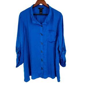 Ali Miles Plus Size 3X Blue Crinkle Wearable Art to Wear Blouse Shirt Top Artsy